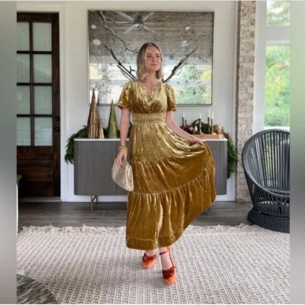 Anthropologie Gold Velvet Maxi Dress